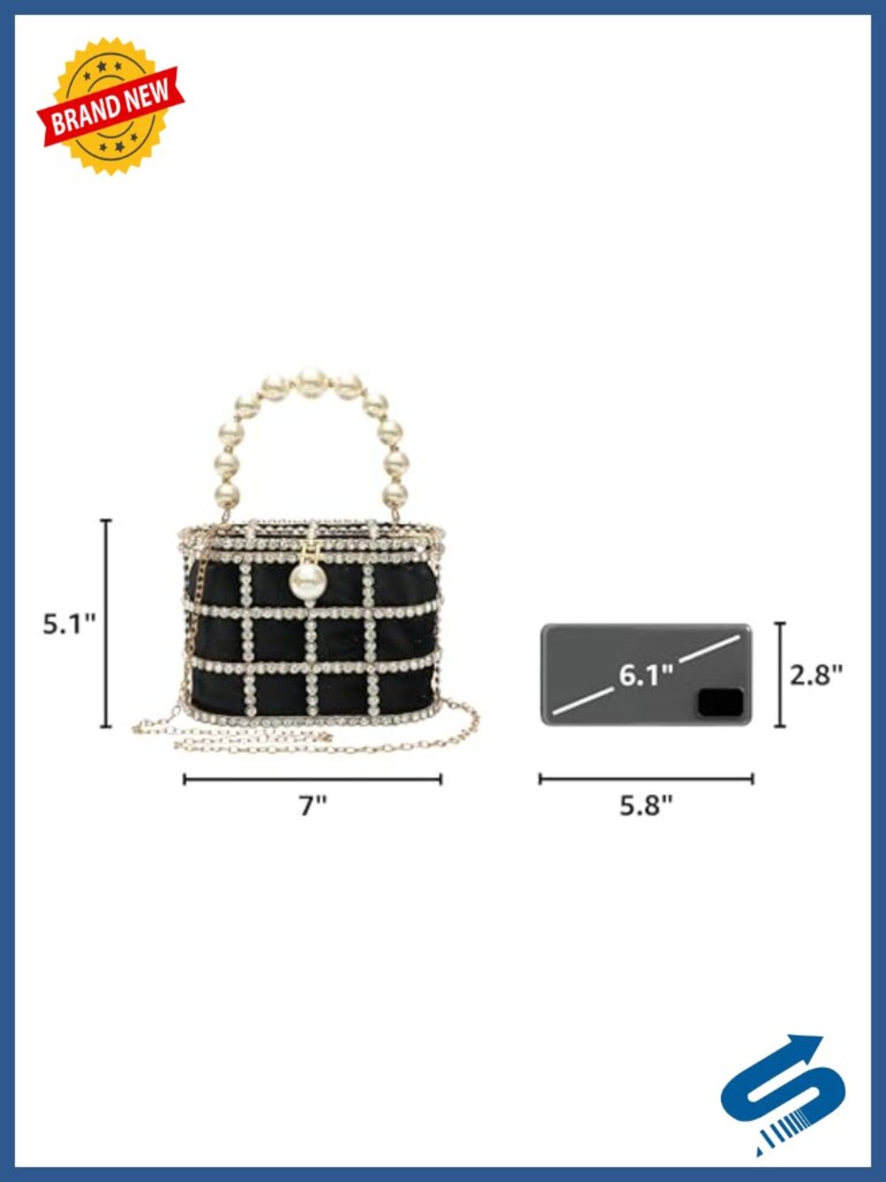 Sparkly Rhinestone Clutch Evening Bag with Pearl Handle Detachable Chain - Picture 2 of 6